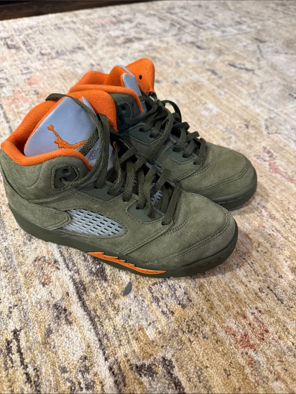 Jordan Olive Green & Orange High-Top Sneakers Youth size 2, like new!!
